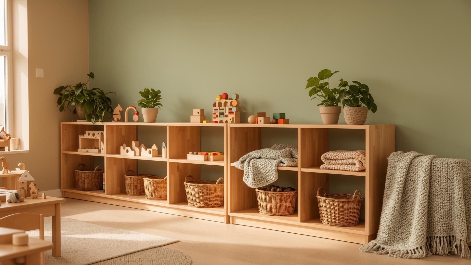 Rolig barnehagerom med naturlige materialer